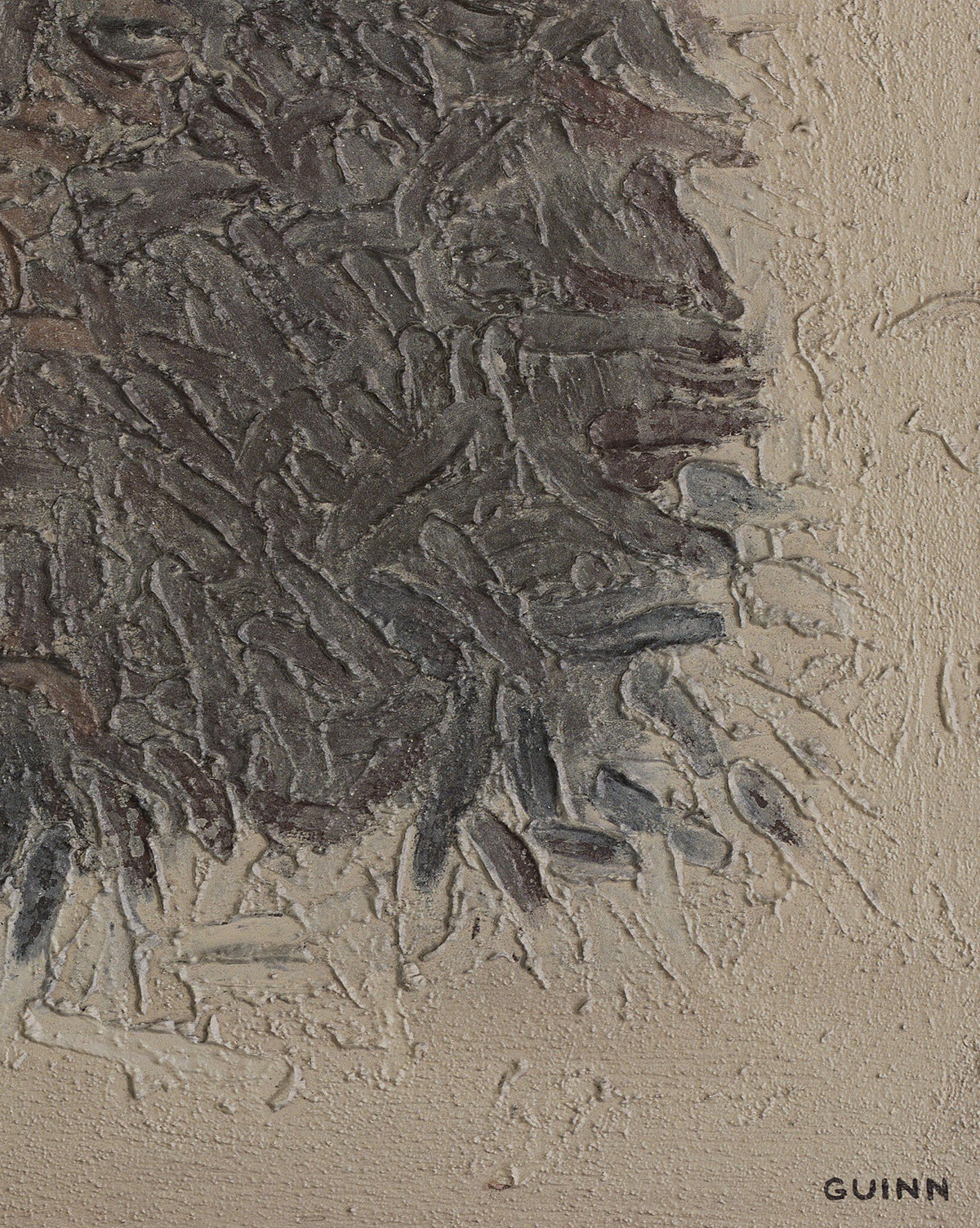 Close-up of Into The New No. 2 by Tyler Guinn shows textured abstract art with rough, dark brushstrokes on beige, the artist’s name in small black letters at the lower right, all elegantly framed in rustic walnut, by McGee & Co.