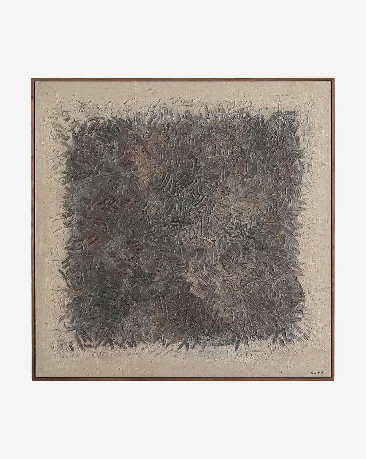 Into The New No. 2 by Tyler Guinn is an abstract painting showcasing a textured square of dark, earth-toned brushstrokes on a light beige background, set in a simple rustic walnut frame by McGee & Co.
