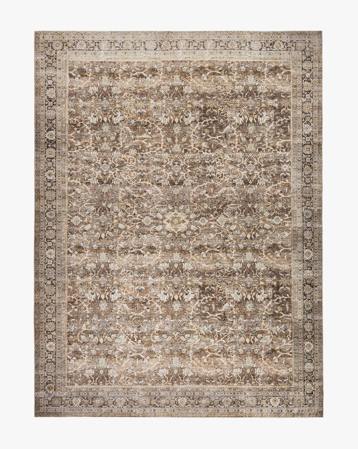 The Isameta Rug is a rectangular Persian-style rug featuring intricate floral and vine patterns in brown, beige, and cream, highlighted by a bold geometric border—ideal for adding traditional elegance to any room, by McGee & Co.