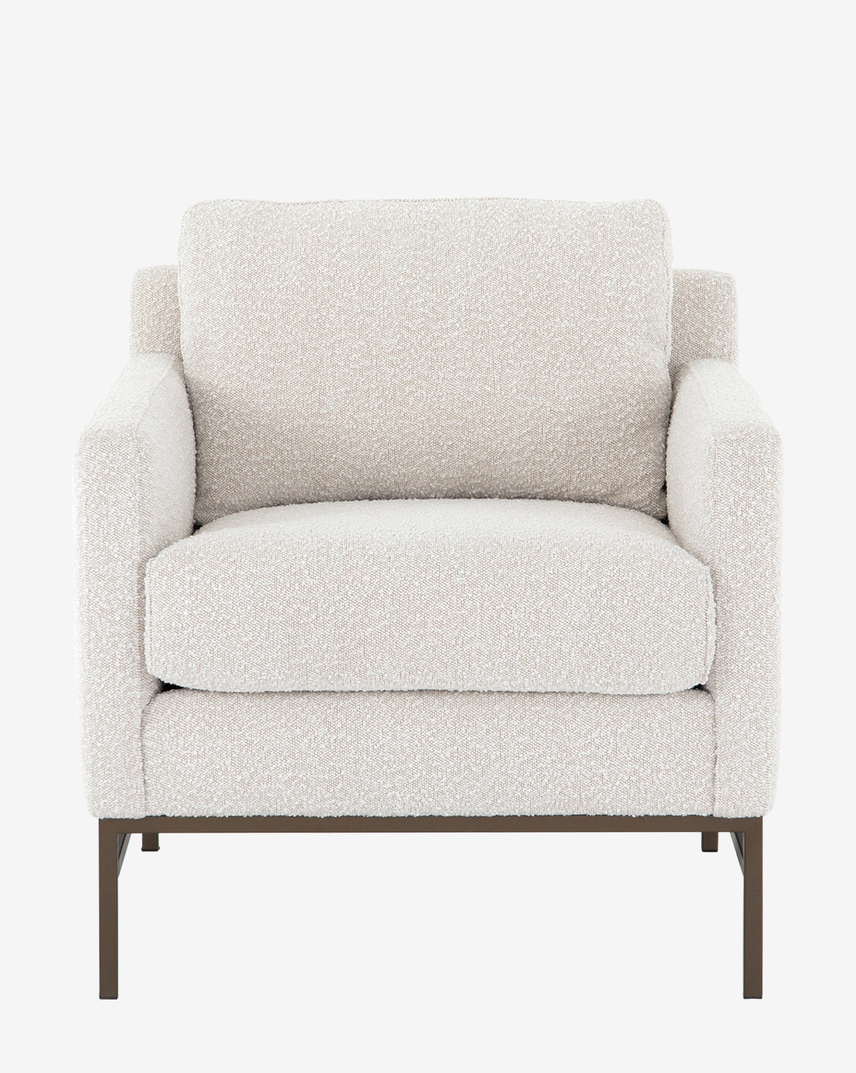 The Ivan Lounge Chair is a modern armchair with oversized proportions, textured off-white upholstery, and dark metal legs, displayed from the front on a plain white background by McGee & Co.