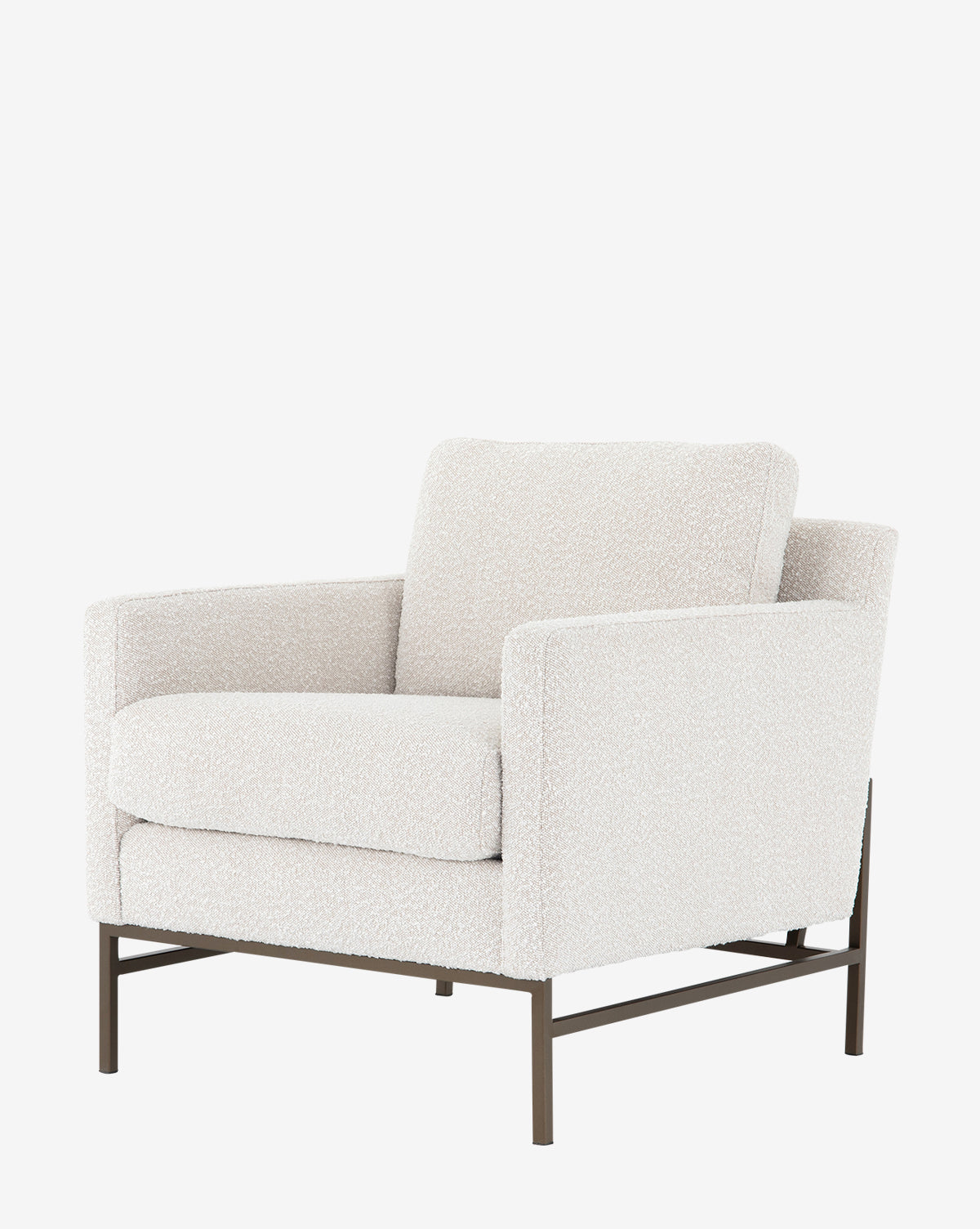 The Ivan Lounge Chair features modern design with light beige upholstery, square cushions, armrests, and slim black metal legs, by McGee & Co.