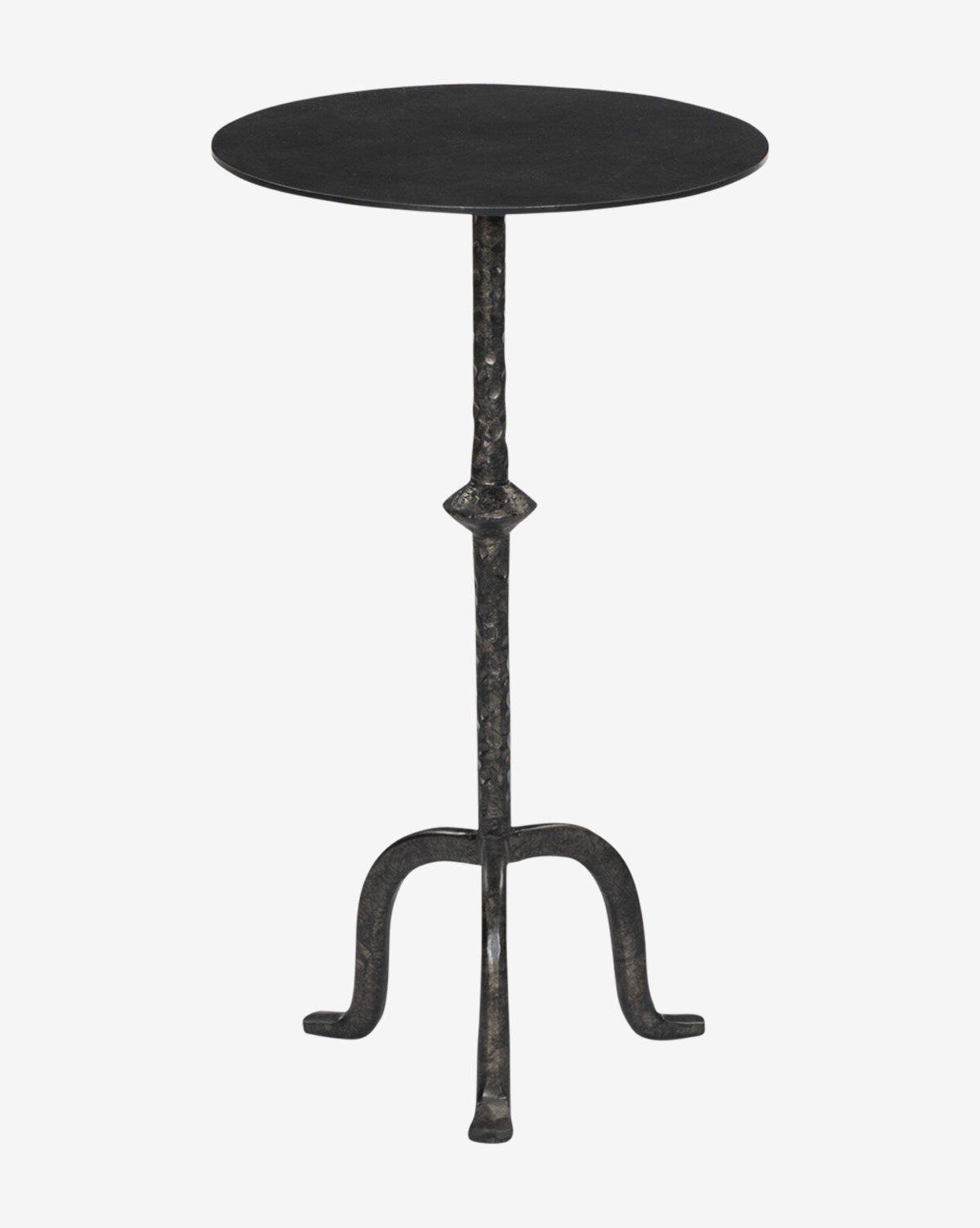 The Jarrett Side Table is a compact, round iron table with a textured black finish, slender central stem, and three curved legs by McGee & Co.