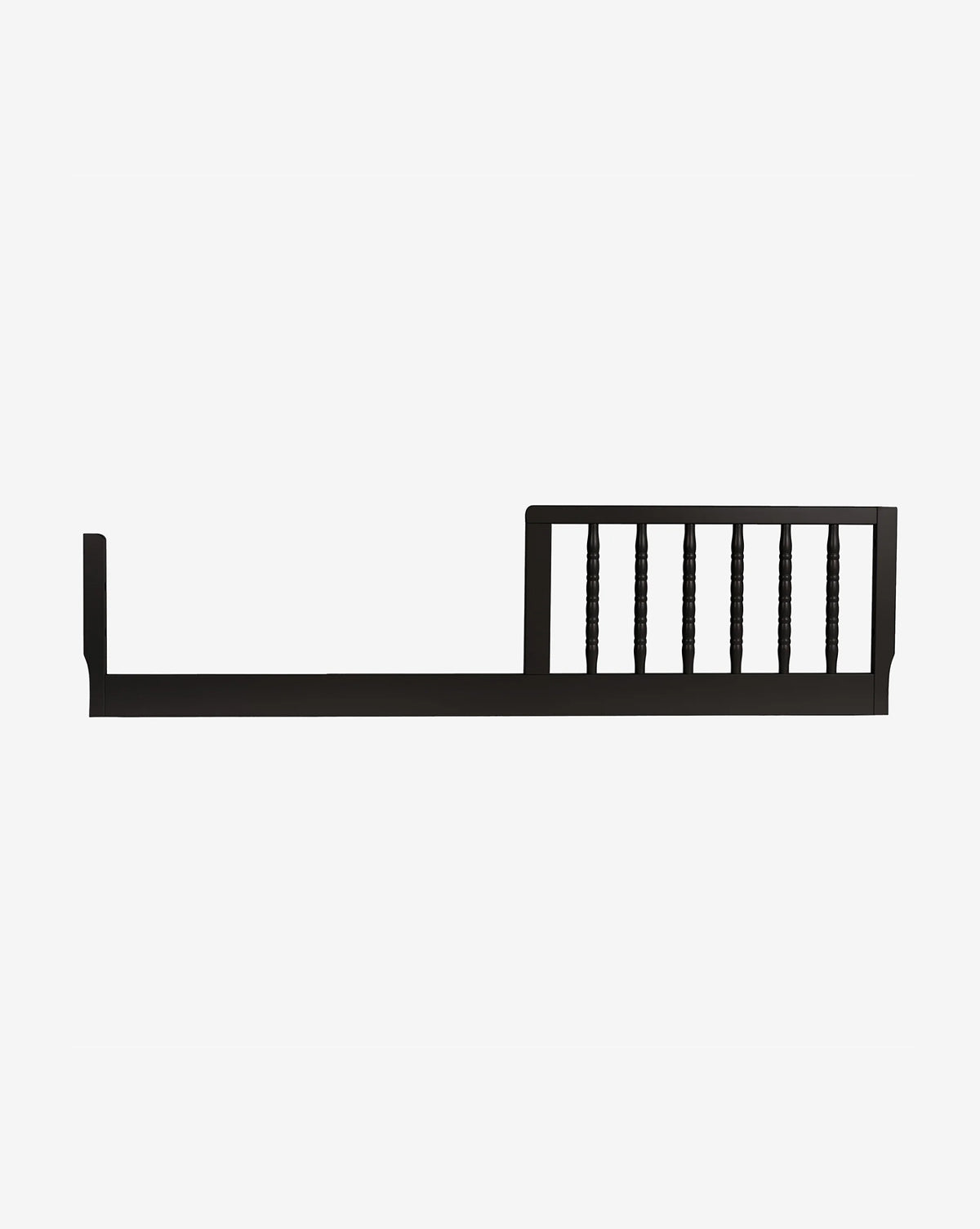 The Jenny Lind 3-in-1 Convertible Crib Toddler Bed Conversion Kit features a dark wooden rail with vertical slats and flat ends, ensuring safety and a smooth crib-to-bed transition, by McGee & Co. Shown on a plain white background, its ideal for any nursery.