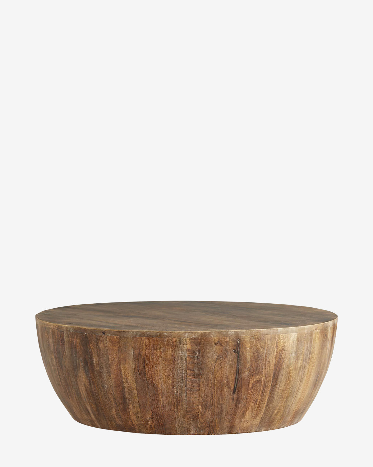 The Jensen Coffee Table is a round, low-profile piece featuring natural wood slats, a smooth finish, and visible grain patterns, shown against a plain white background by McGee & Co.