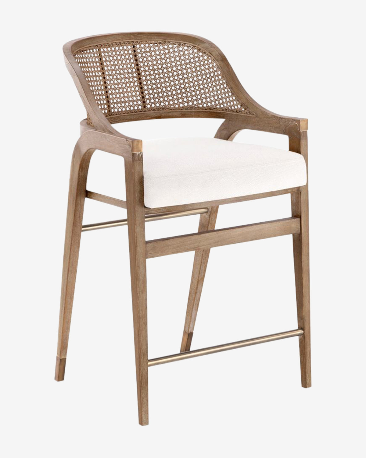The Jensen Counter Stool offers solid Cape Lilac Mahogany, a hand-woven cane back, white upholstered seat, metal footrest, and angled legs for a light, open look, by McGee & Co.