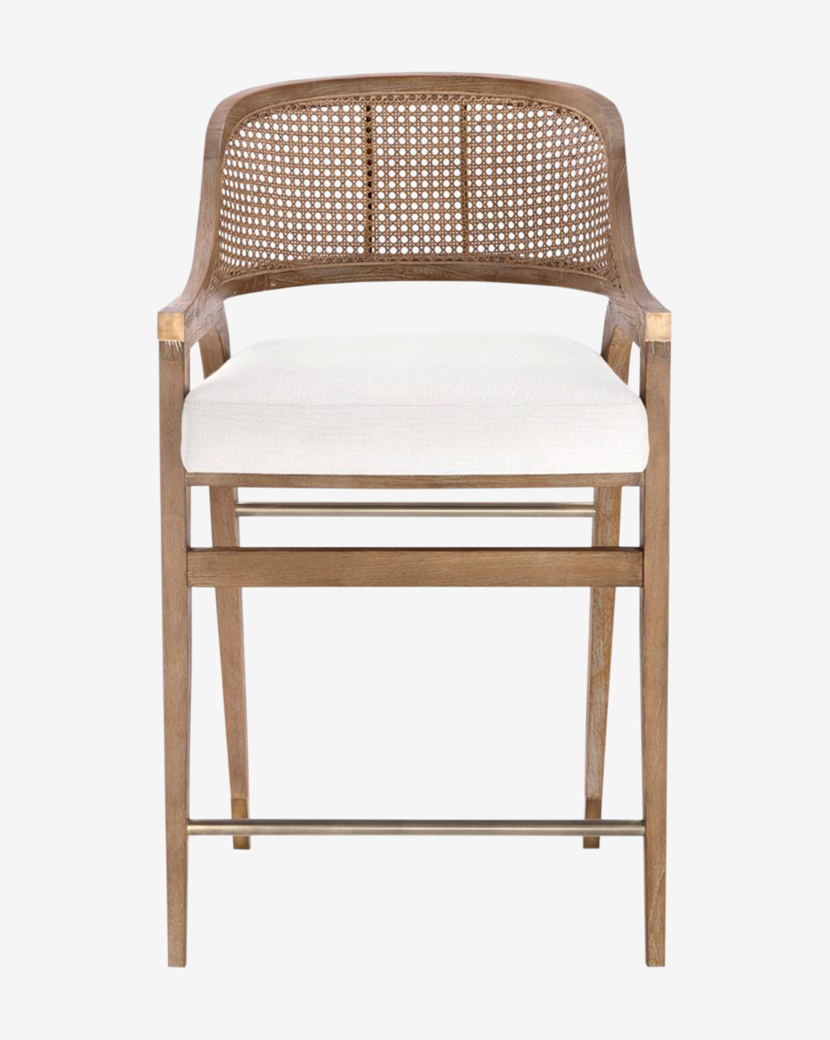 Front-facing view of the Jensen Counter Stool, featuring solid Cape Lilac Mahogany, a hand-woven cane backrest, curved armrests, white cushioned seat, straight legs, and horizontal supports by McGee & Co.