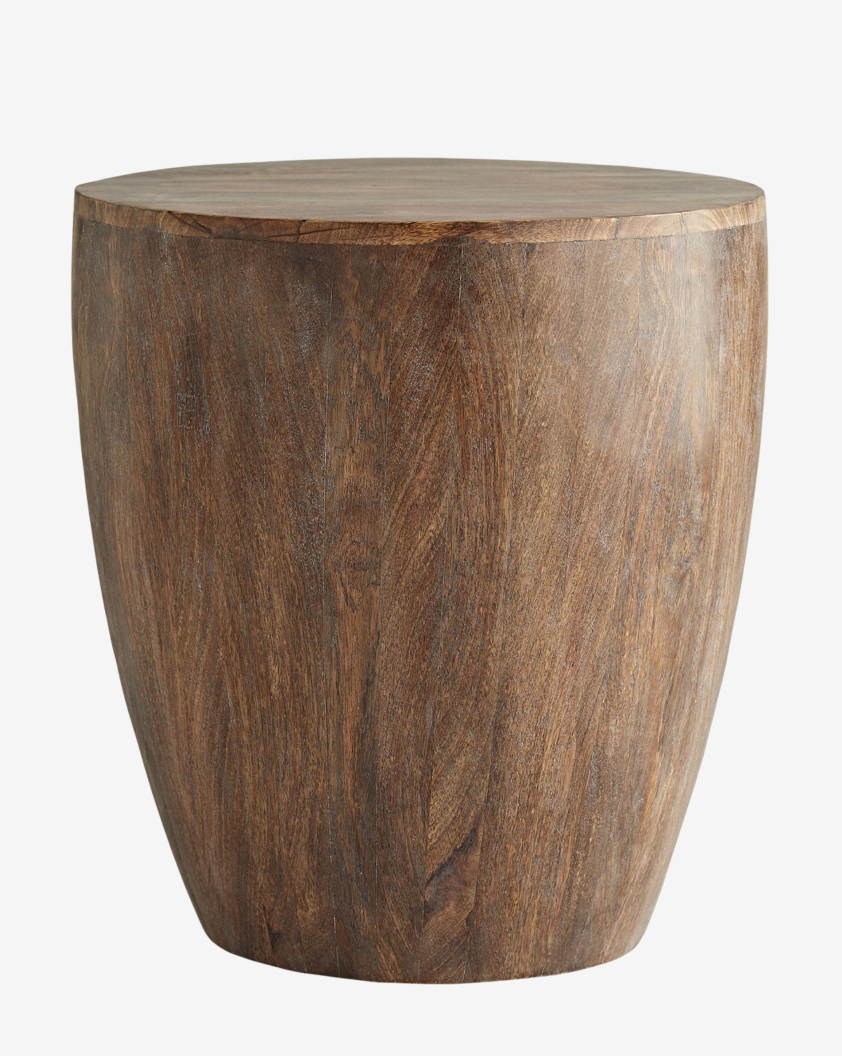 The Jensen Side Table is a round wooden slat table with curved sides, a smooth surface, and a natural wood grain finish that showcases its sturdy design, by McGee & Co.