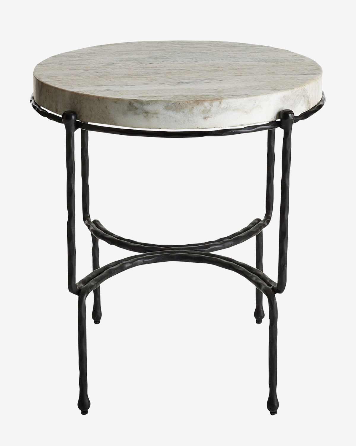 The Jocelyn Side Table boasts a thick, light marble top and a bold blackened iron base with twisted legs and two circular support bars for stability, by McGee & Co.