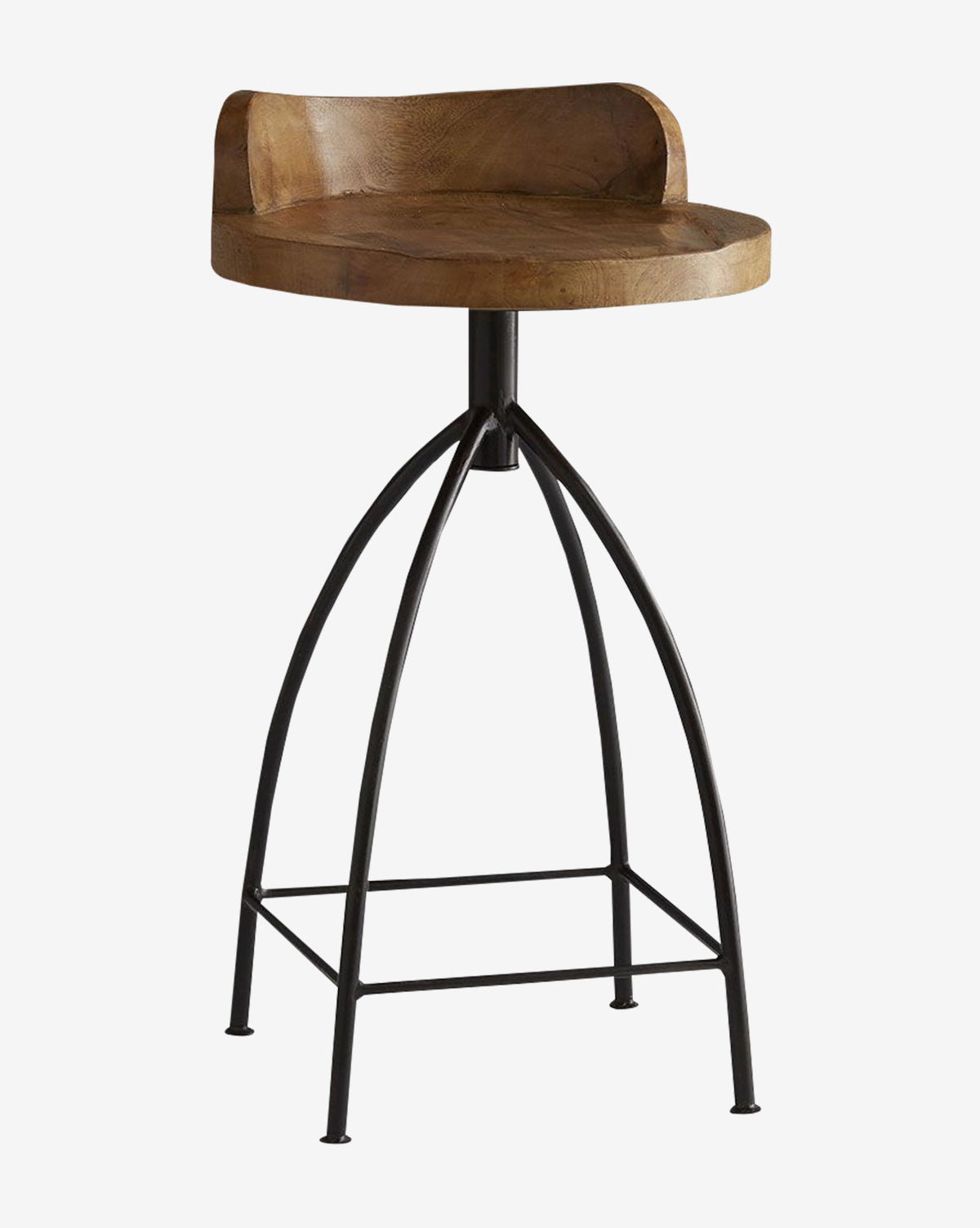 The Johan Counter Stool features a round wood-crafted seat with a curved backrest, supported by a black metal base with four legs and a footrest, blending rustic charm with modern design.