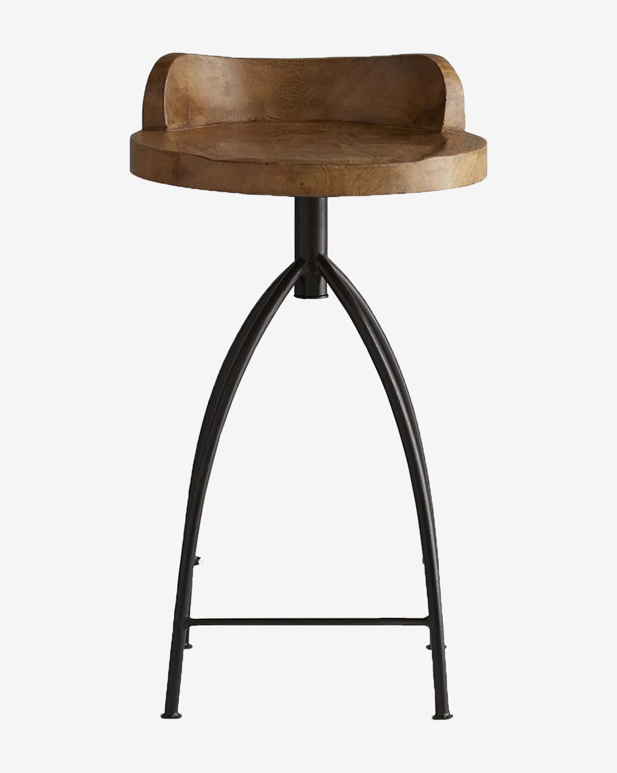 The Johan Counter Stool features a wood-crafted seat and curved low backrest, supported by black metal tripod legs with a crossbar—ideal for those seeking modern design with rustic charm.