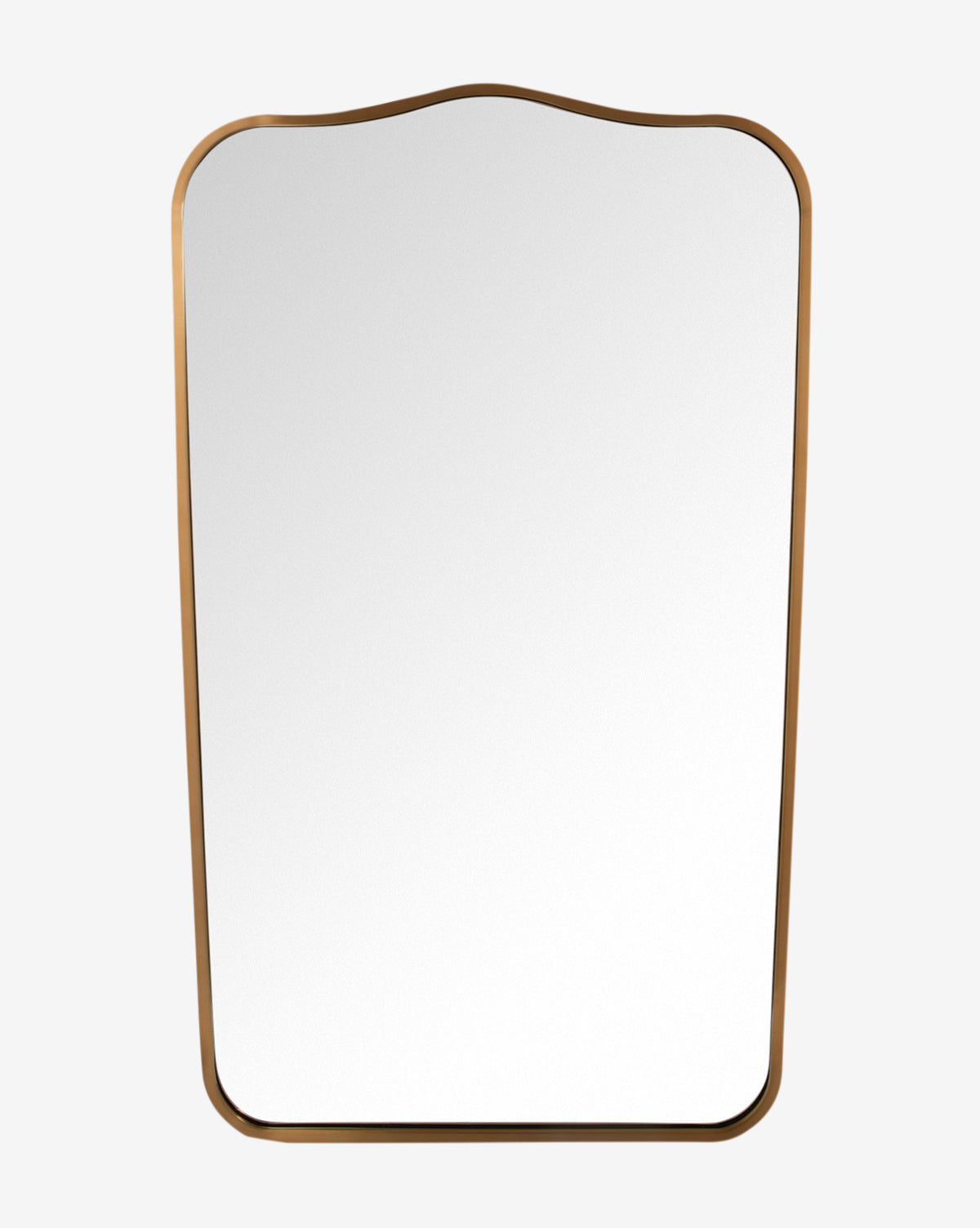 The Josephine Mirror is rectangular with rounded corners, a slim gold hand-welded frame, and a subtly curved top edge, all displayed against a plain white background by McGee & Co.