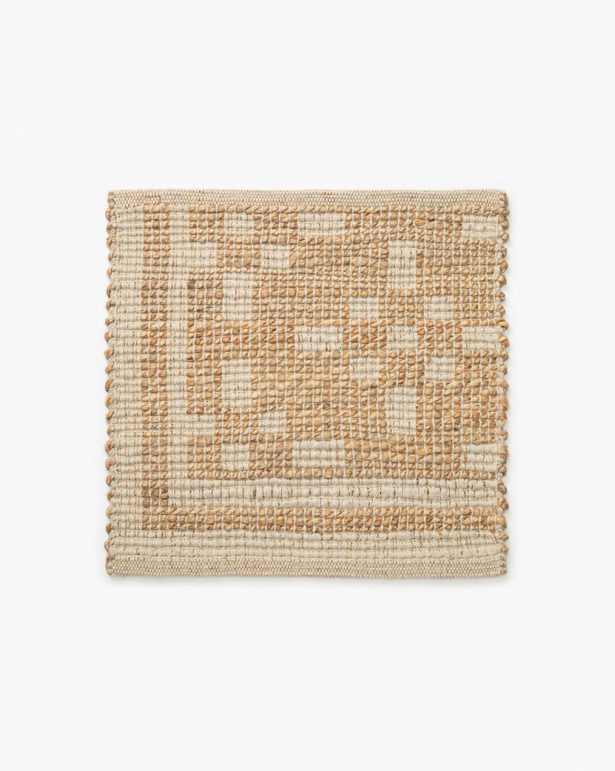 The Judy Ivory Rug Collection No. 7 Swatch showcases a natural beige hue with a subtle geometric pattern and braided border, offering elegant texture—ideal for enhancing your space with the refined look of an ivory jute rug, by McGee & Co.