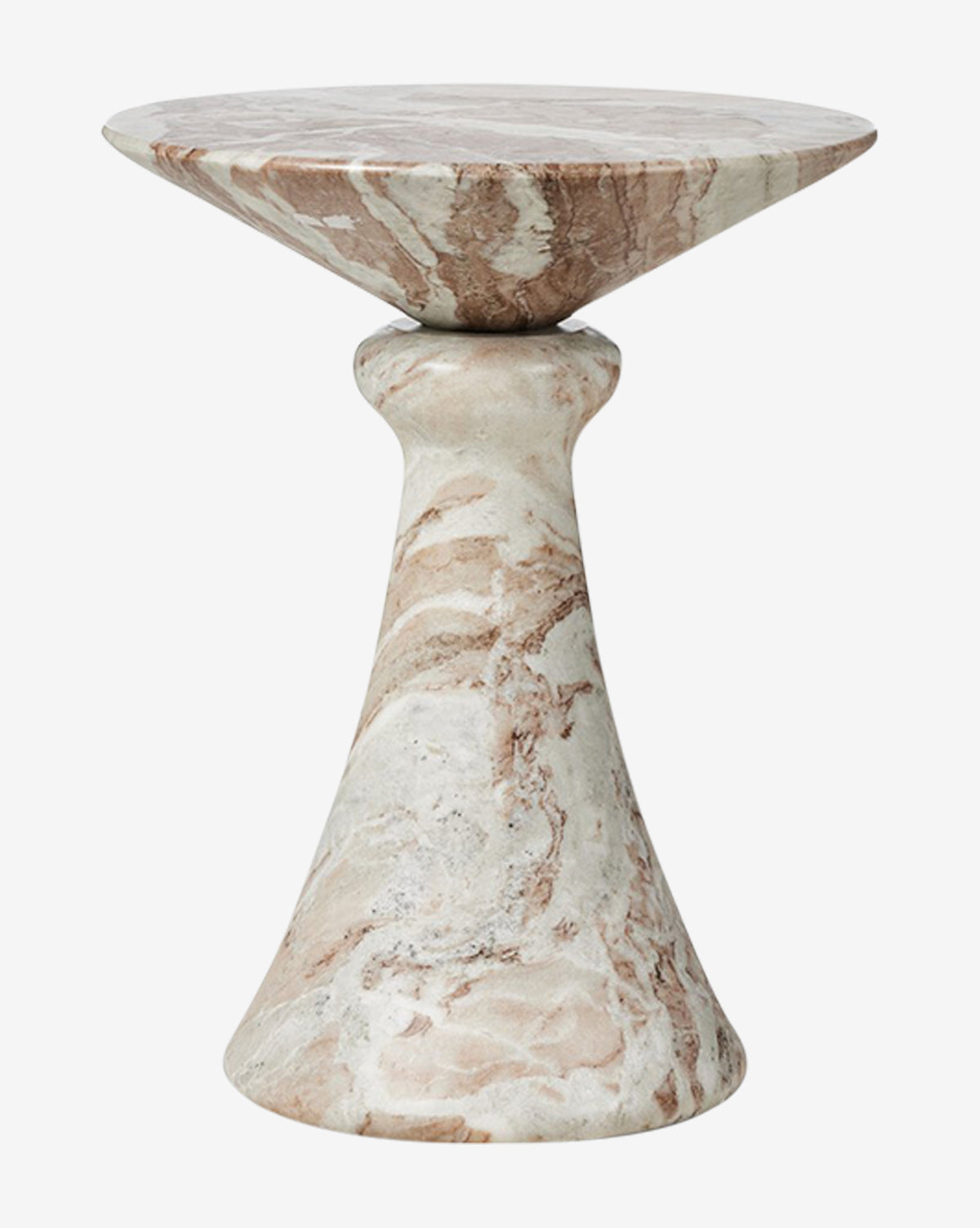 The Jules Side Table features a polished marble top with brown and beige swirls, a wide shallow dish shape, and a flared base—a modern accent piece for refined spaces, by McGee & Co.