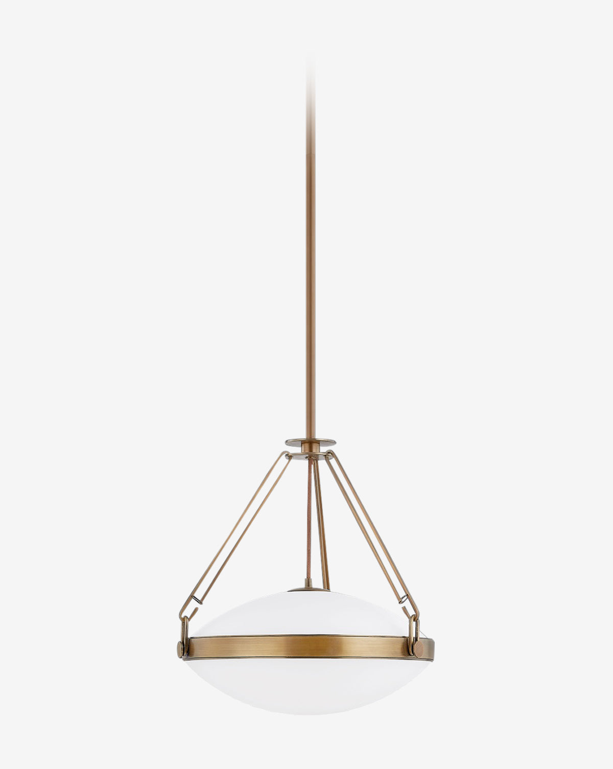 The Kade Pendant showcases an opal matte glass shade suspended by three angled brass rods and a central rod, creating a striking patina brass statement against a plain white background, by McGee & Co.