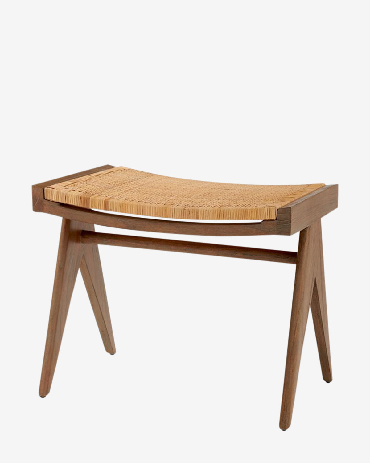 The Kareen Stool by Villa & House, LLC is a mahogany stool with angled legs and a hand-woven cane seat, showcasing a minimalist, mid-century modern design by McGee & Co.