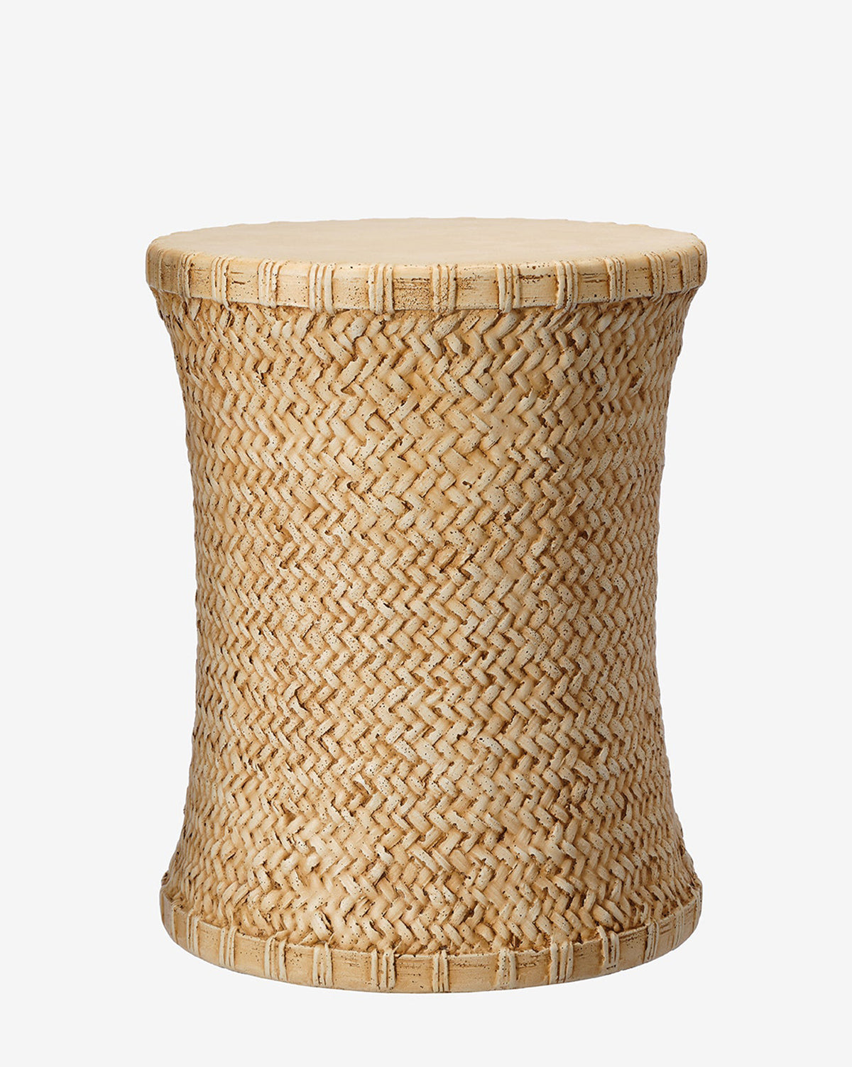 The Keira Stool by Made Goods features a round, woven rattan design with a curved hourglass shape and flat top. Its natural tones and handcrafted look add rustic charm to any space. McGee & Co.