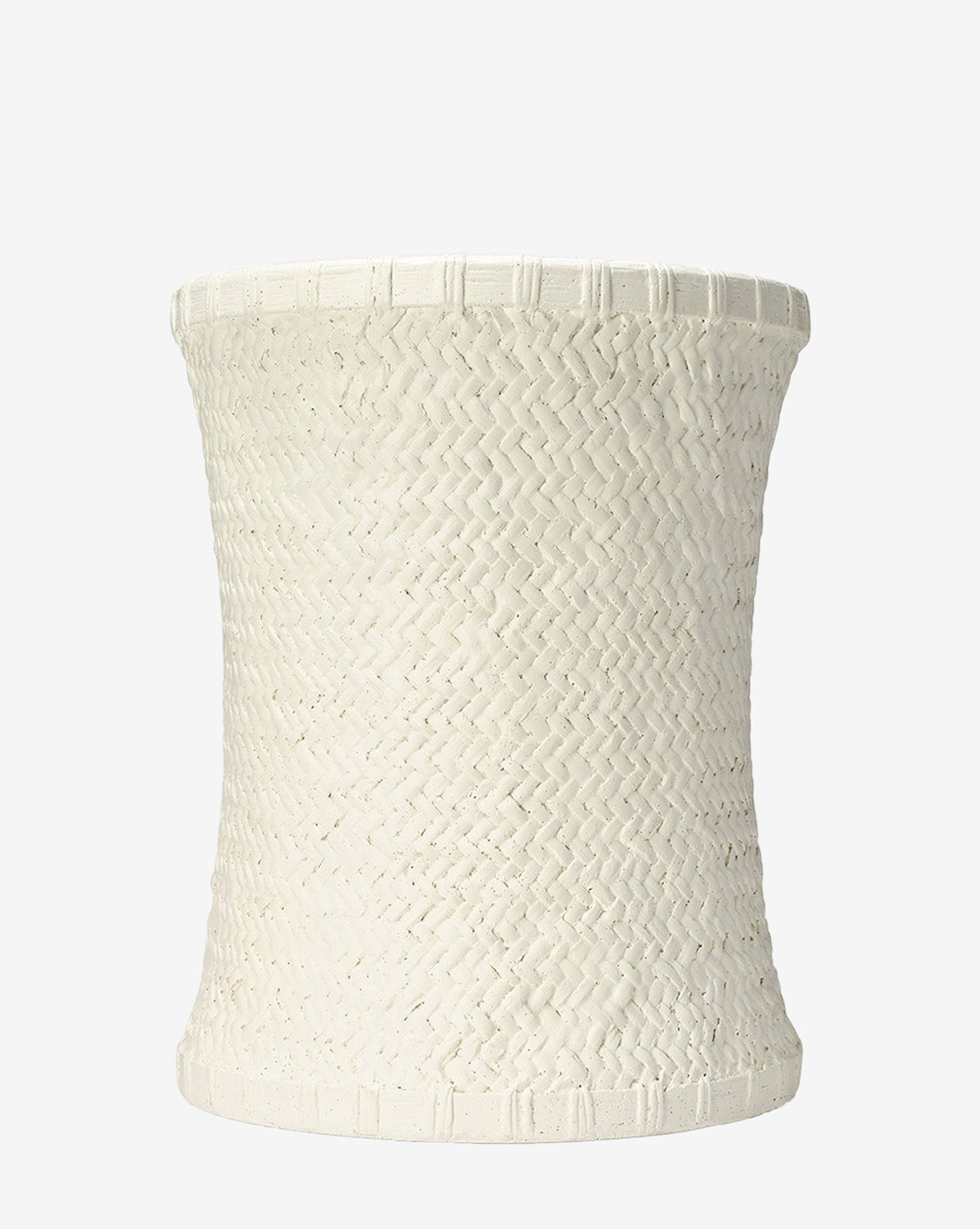 The Keira Stool by Made Goods features a white, cylindrical form with a slightly flared rim and base, showcasing a basket weave-inspired textured surface for a minimalist, handcrafted look by McGee & Co.