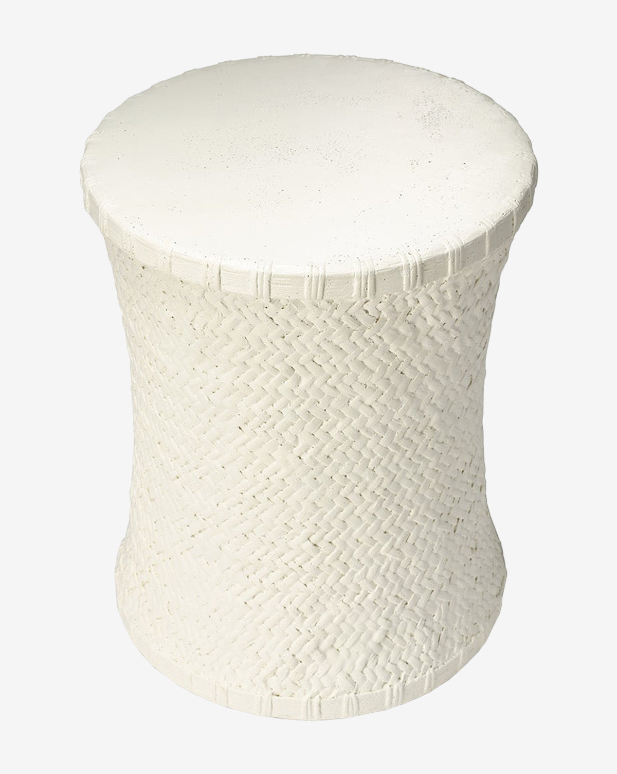 The Keira Stool by Made Goods features a white, cylindrical design with basket-weave texture on the sides and a smooth, rounded stonecast top. McGee & Co.