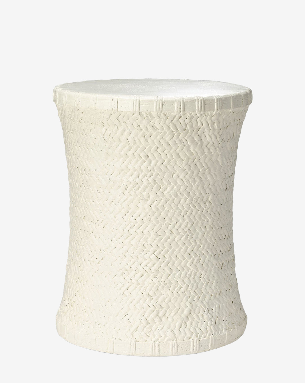 The Keira Stool by Made Goods is a white, hourglass-shaped side table crafted in stonecast with a basket-weave textured pattern and flared top and bottom edges featuring a linear border detail. McGee & Co.
