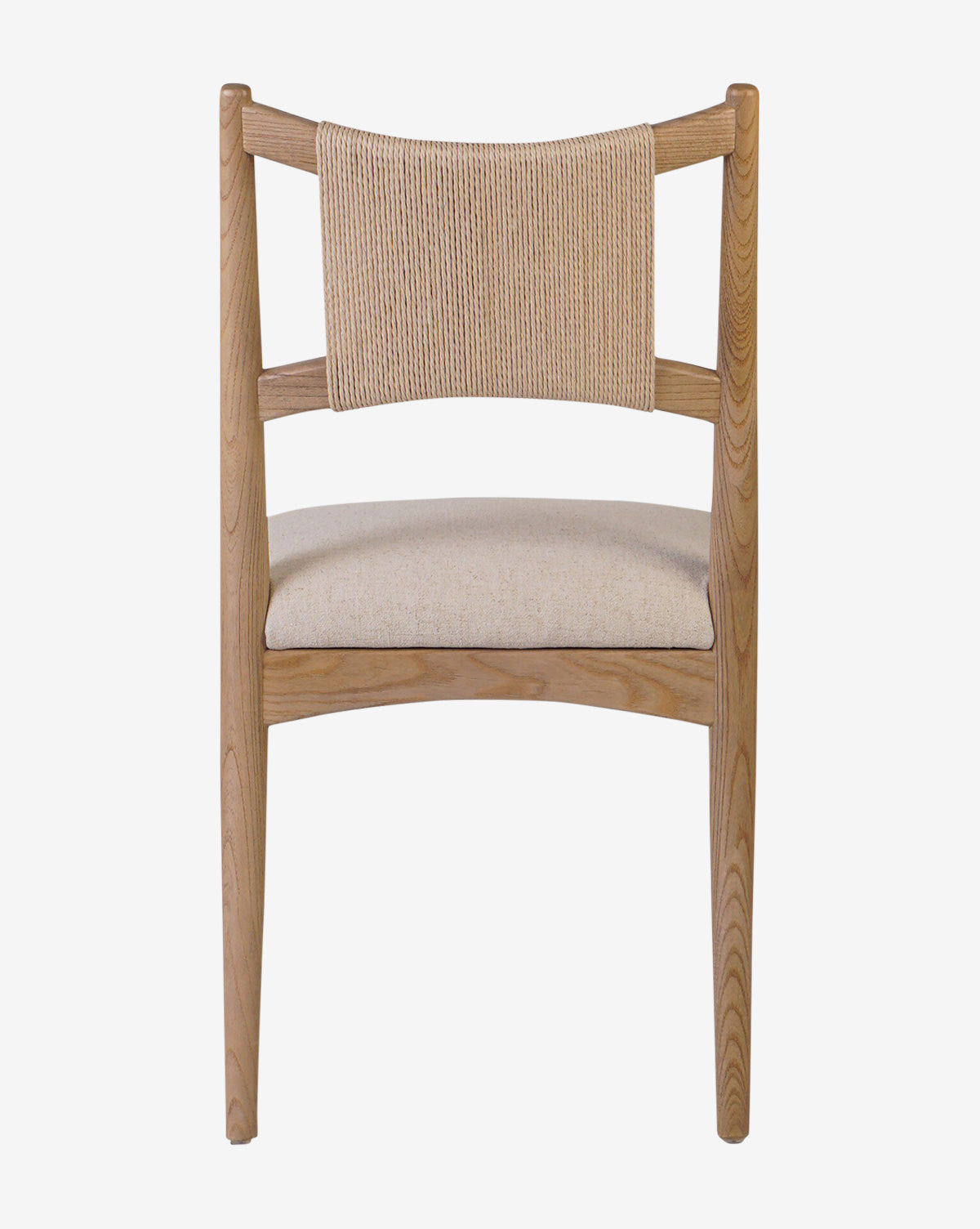 The Kimball Dining Chair has a wood frame, curved backrest with woven rope detail, and padded beige upholstery, shown from the front on a white background by McGee & Co.