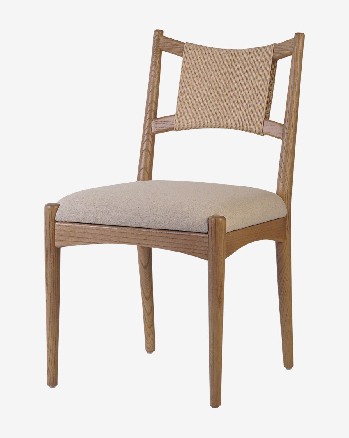 The Kimball Dining Chair has a sturdy wood frame, beige cushion, woven backrest, angled legs, and a modern minimalist design, by McGee & Co.