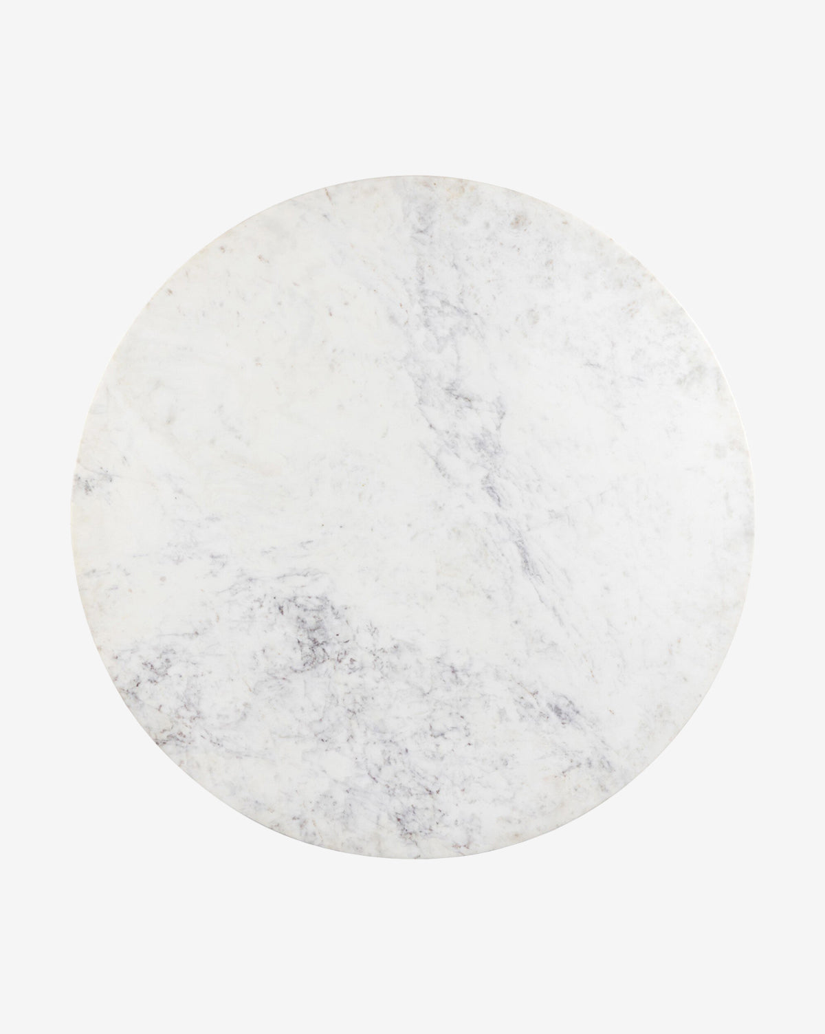 The Kinlaw 60 Round Dining Table showcases a white marble tabletop with subtle gray veining, photographed from above on a plain white background, by McGee & Co.
