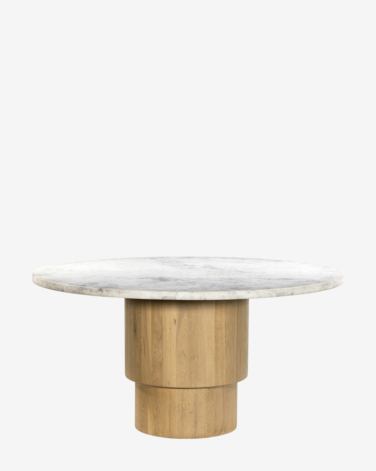 The Kinlaw 60 Round Dining Table features a white marble top and sturdy solid oak base, displayed against a plain white background, by McGee & Co.