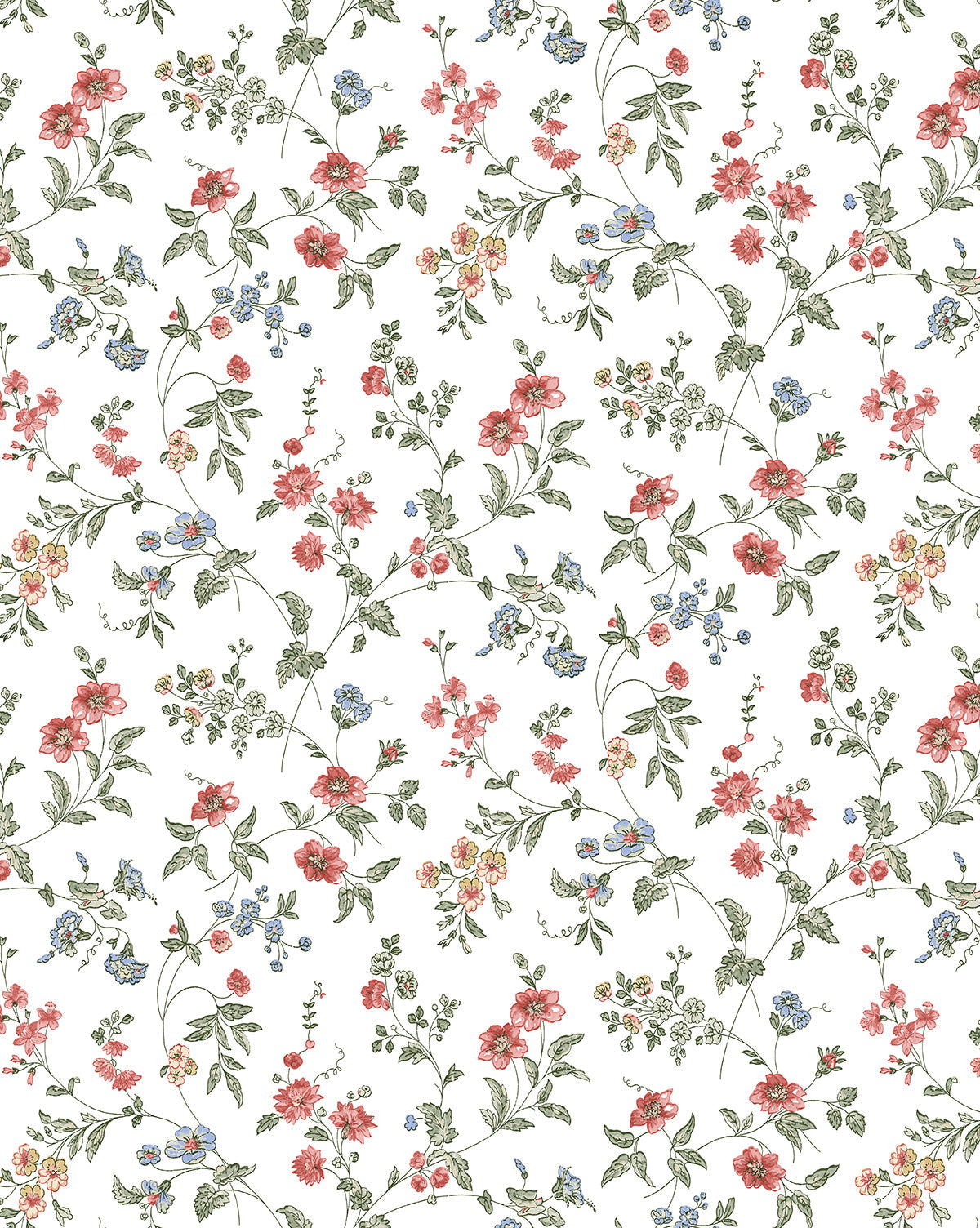 Kittredge Floral Wallpaper showcases delicate, hand-drawn vines and small flowers in pink, blue, and yellow on a white background. This vintage-inspired wallpaper features an intricate, timeless design perfect for any space, by McGee & Co.