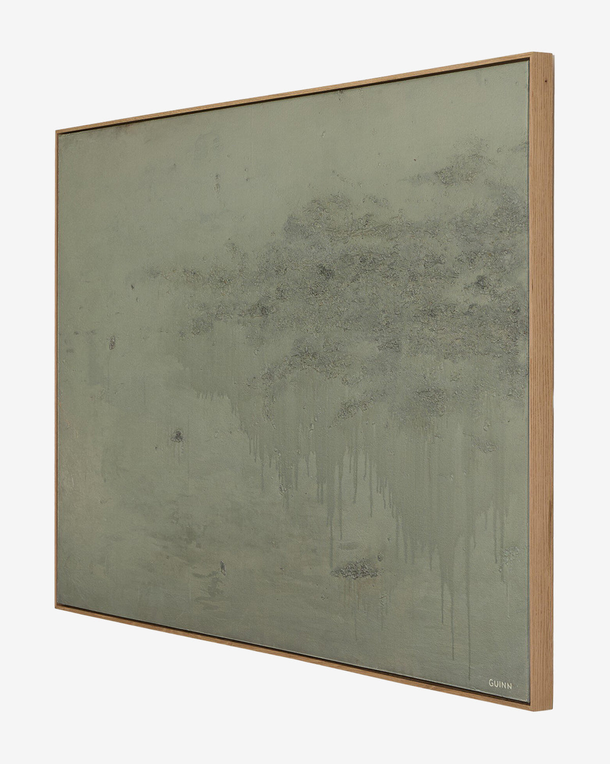 Knowledge Of The Stream by Tyler Guinn is a textured abstract wall art in muted green and gray with cloud-like forms and vertical drips, framed in light white oak. Ideal for contemporary decor, with GUINN signed in the bottom right corner by McGee & Co.