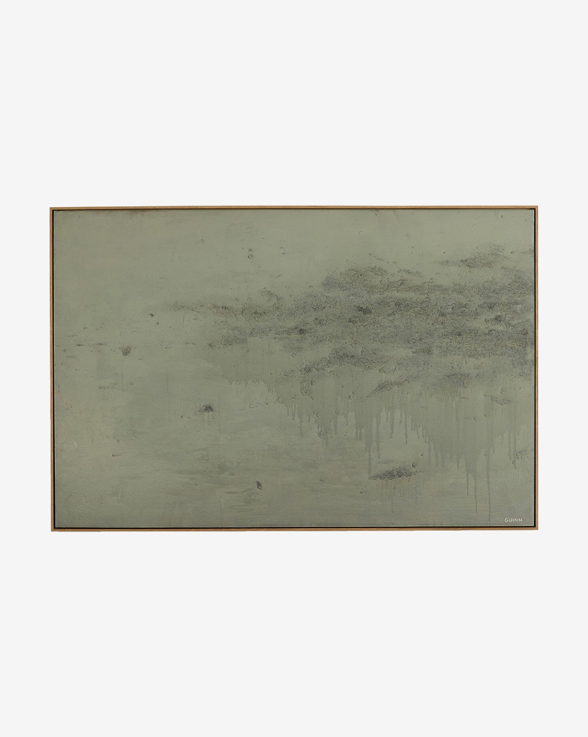 Knowledge Of The Stream by Tyler Guinn is a rectangular abstract wall art featuring a muted greenish-gray background, textured accents, and right-side paint drips in a sleek white oak frame—perfect for modern decor, by McGee & Co.