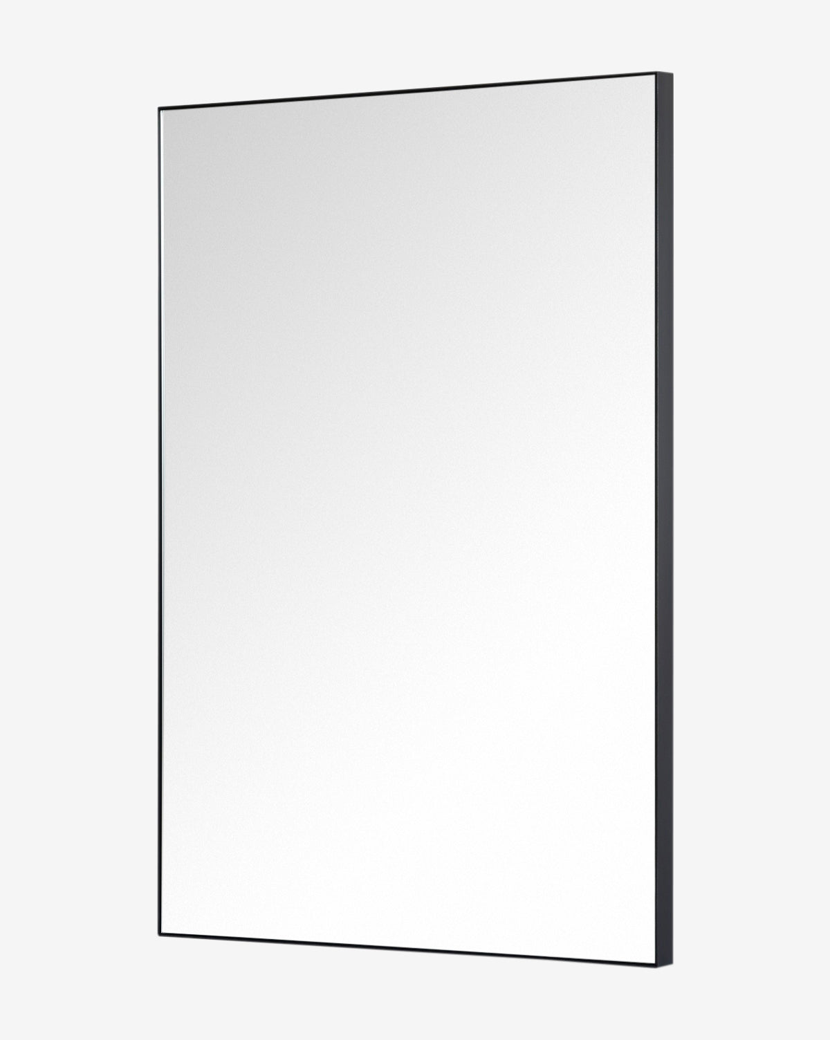 The Knowles Mirror, featuring a slim rectangular stainless steel frame, is displayed at an angle against a plain white background to emphasize its elegant design, by McGee & Co.