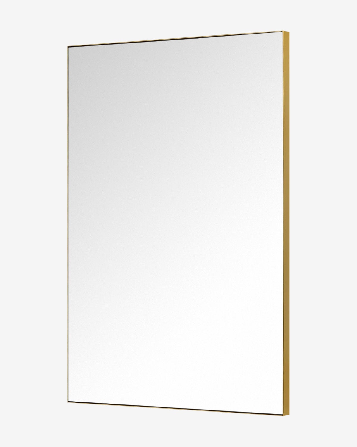 The Knowles Mirror, featuring a thin stainless steel frame and sleek rectangular shape, is shown angled against a plain white background to emphasize its modern, minimalist design, by McGee & Co.