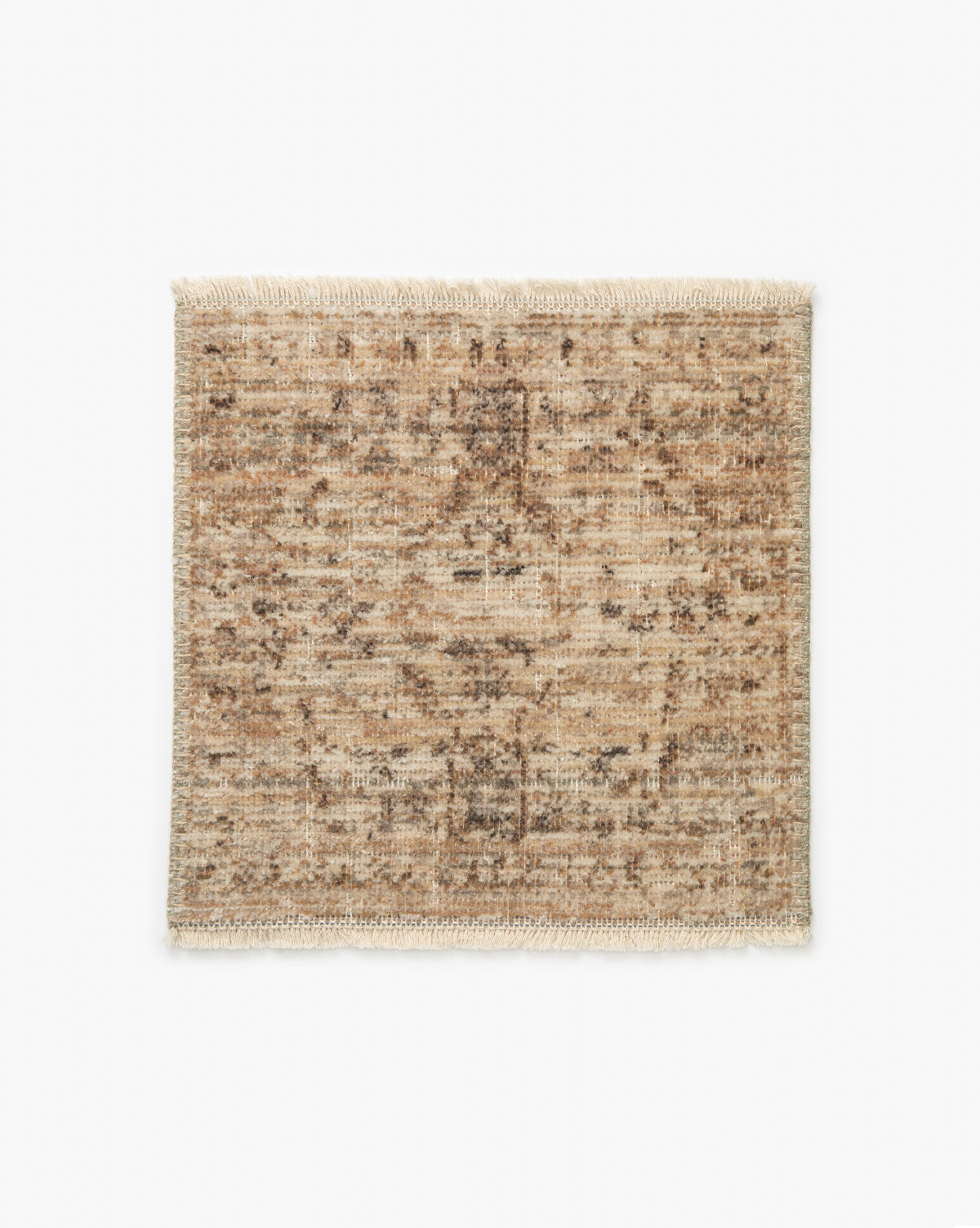 LaPorta Ivory Rug Swatch features a subtle distressed pattern in beige and brown, short fringe on the shorter edges, and a natural palette, shown on a white background, by McGee & Co.