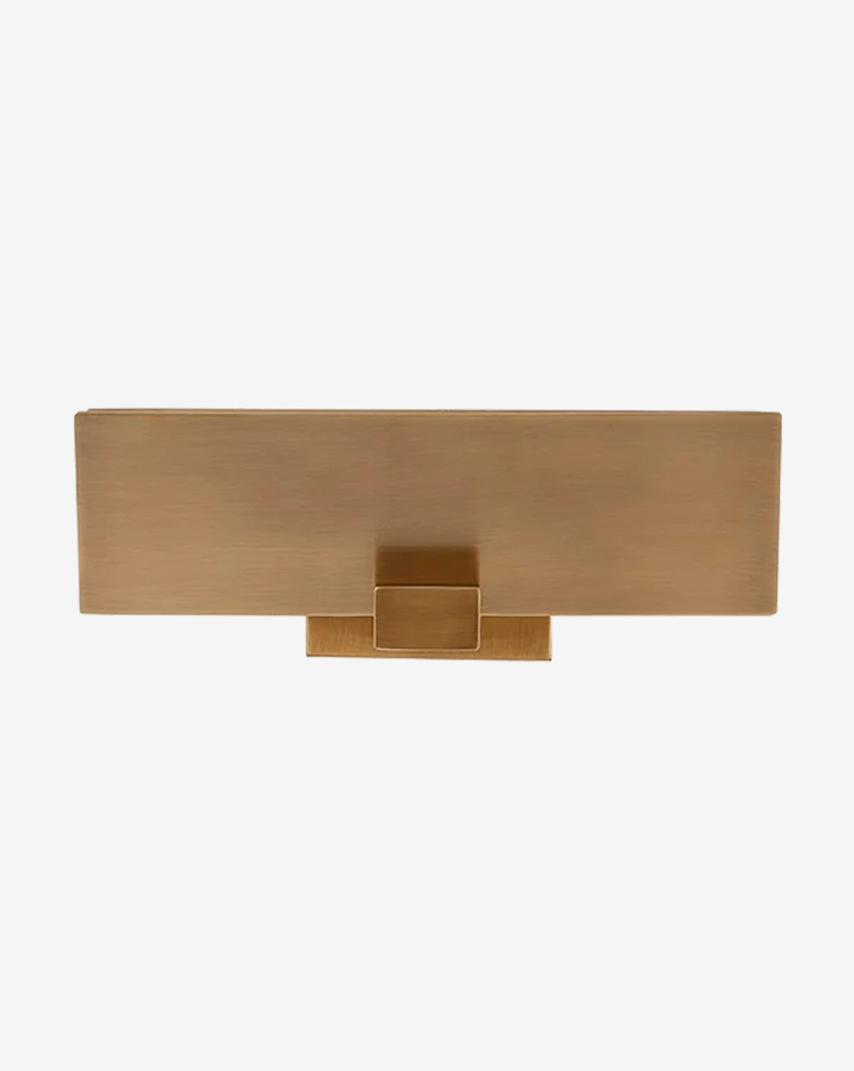 The Lander Wall Sconce features a rectangular, patina brass metal body with a brushed finish and a central square base, perfect for modern interiors, by McGee & Co. Shown against a plain white background.