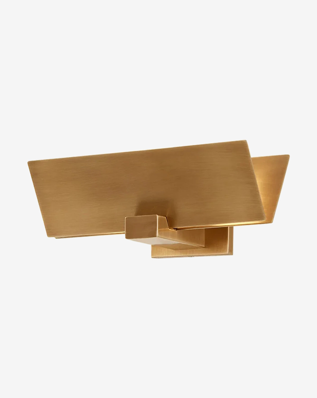 The Lander Wall Sconce features a modern, geometric design with overlapping rectangular panels and clean angular lines in patina brass, by McGee & Co.