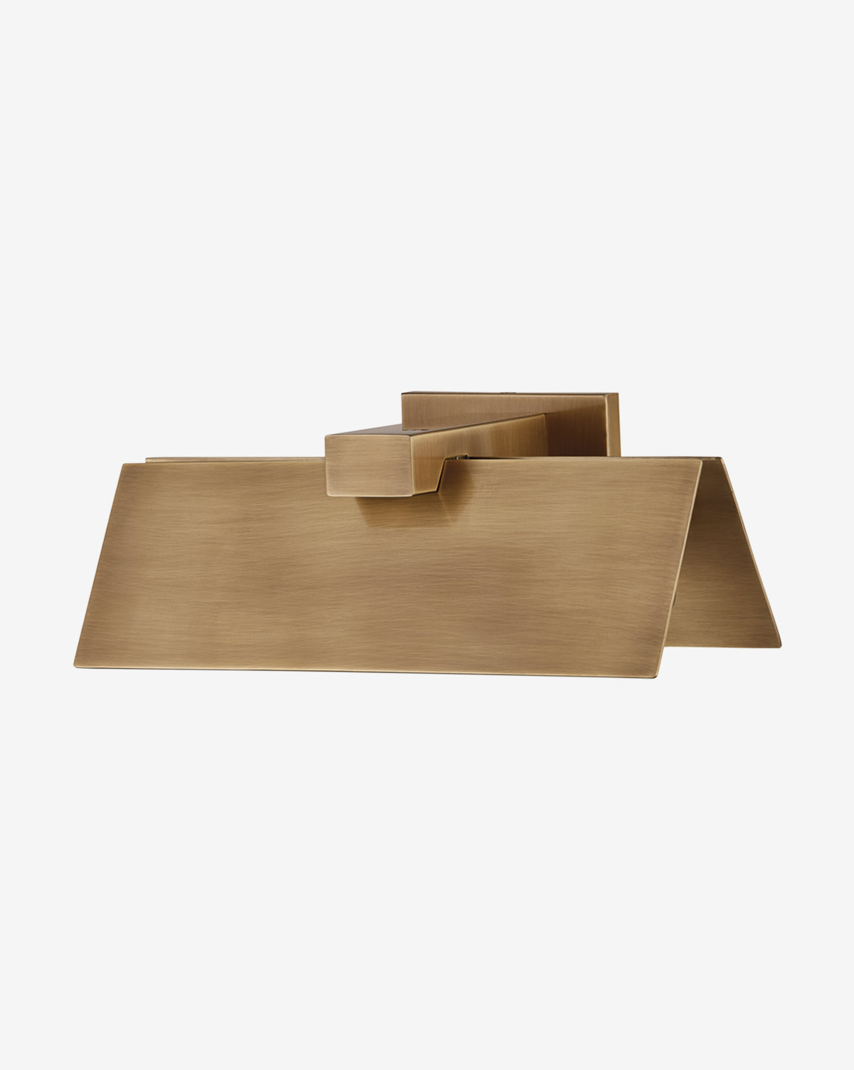 The Lander Wall Sconce by Troy Lighting features a contemporary, sculptural design with angular, overlapping rectangular forms and a brushed Patina Brass finish, shown against a white background. McGee & Co.