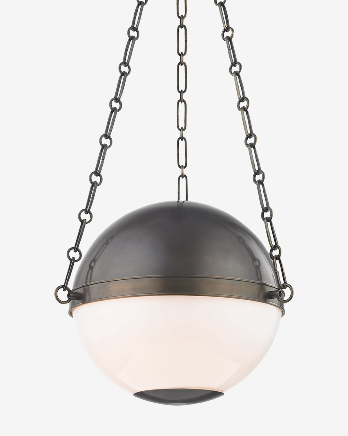 The Lannister Sphere Pendant combines a dark metal top with an opal glass shade, suspended by three linked chains, bringing classic style to any room, by McGee & Co.