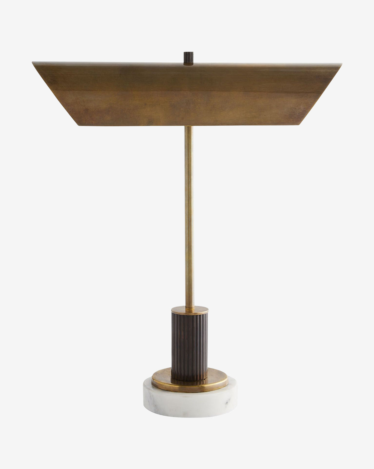 The Lansing Table Lamp features a wide rectangular brass shade, slim brass stem, ribbed dark cylindrical accent, and a round white marble base, shown against a plain white background by McGee & Co.