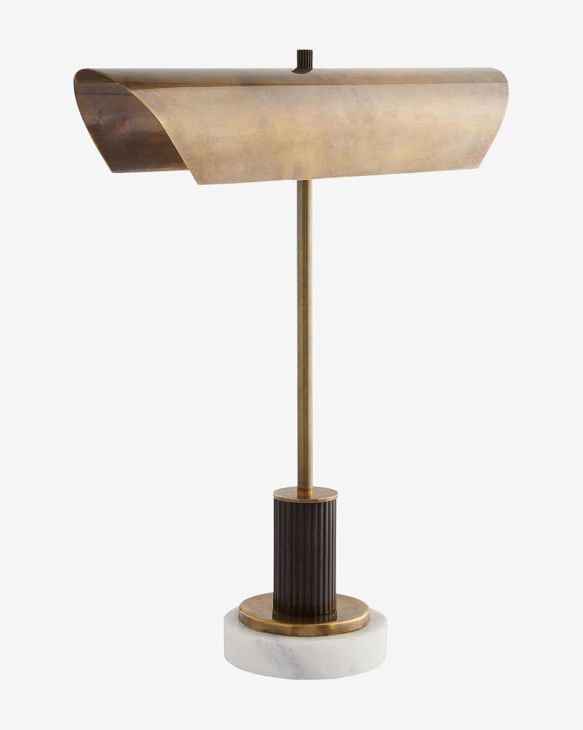The Lansing Table Lamp features a wide curved brass shade, slender stem, ribbed accent, and round white marble base, exuding vintage charm against a plain white background, by McGee & Co.