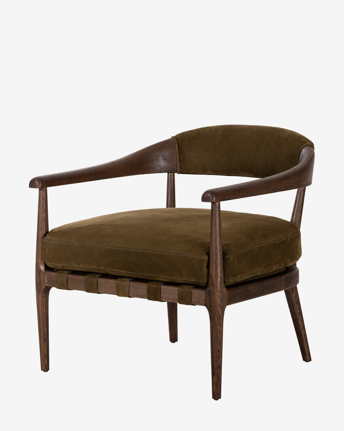 The Larisa Lounge Chair has a solid ash frame and legs, wide armrests, and plush olive green suede seat and back cushions, displayed on a plain white background by McGee & Co.