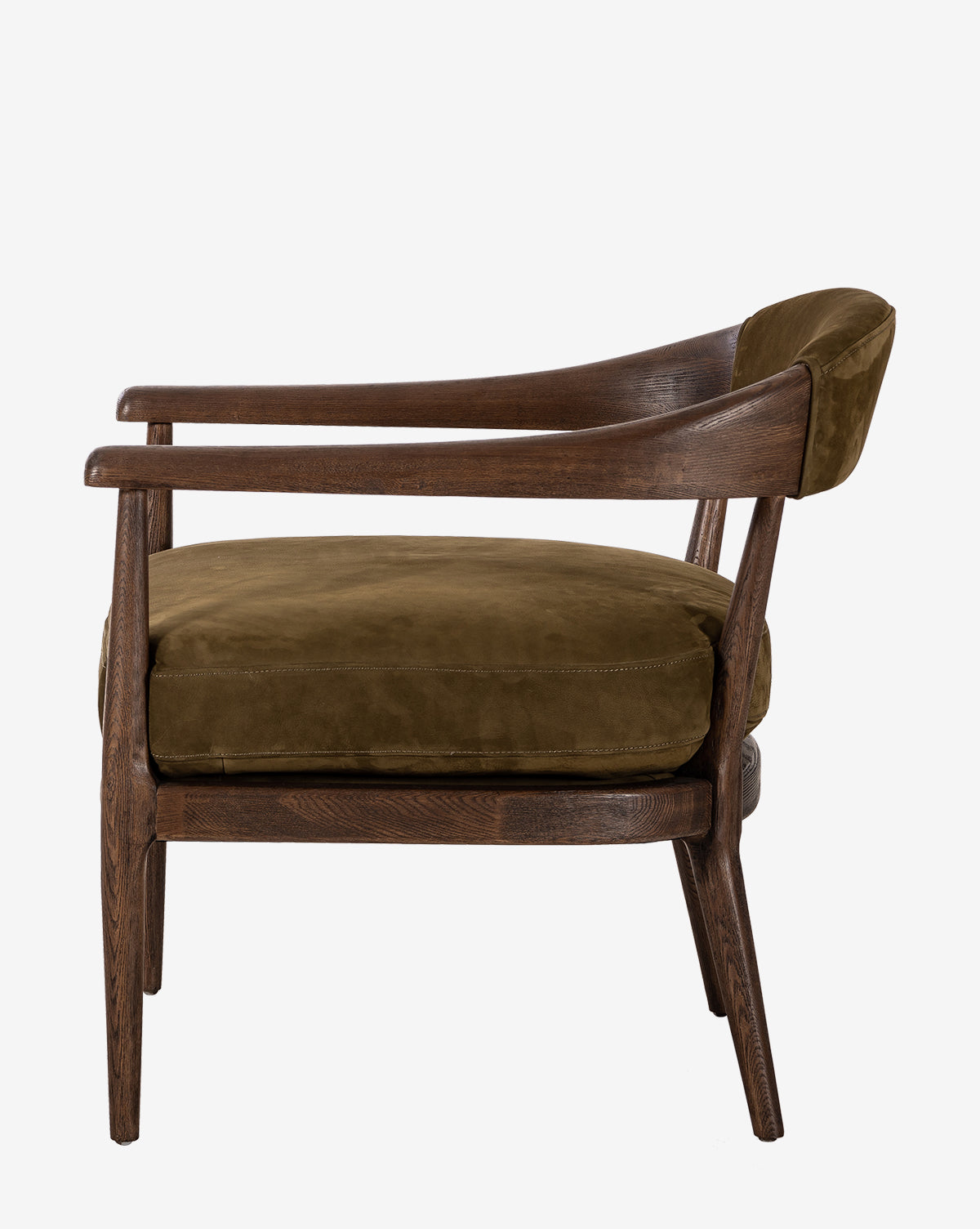 Side view of the Larisa Lounge Chair, showcasing its solid ash frame with angled legs and olive green upholstered seat and backrest, set on a white background, by McGee & Co.