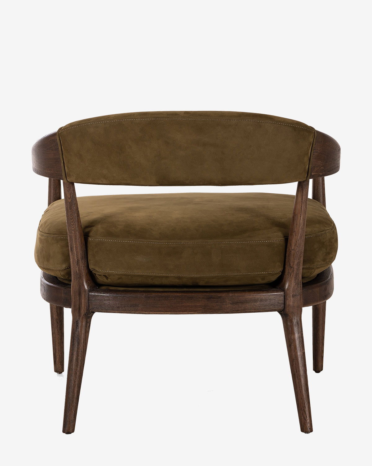 The Larisa Lounge Chair showcases a mid-century modern style with a curved solid ash frame, angled legs, and olive green suede cushions, pictured from the back on a plain white background by McGee & Co.