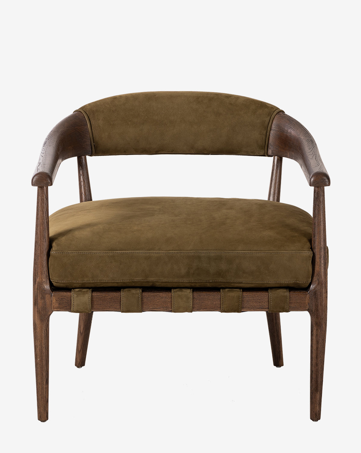 The Four Hands Larisa Lounge Chair showcases a curved solid ash frame with an olive-green suede cushion and backrest, reflecting mid-century modern style. Front view shown against a white background. McGee & Co.