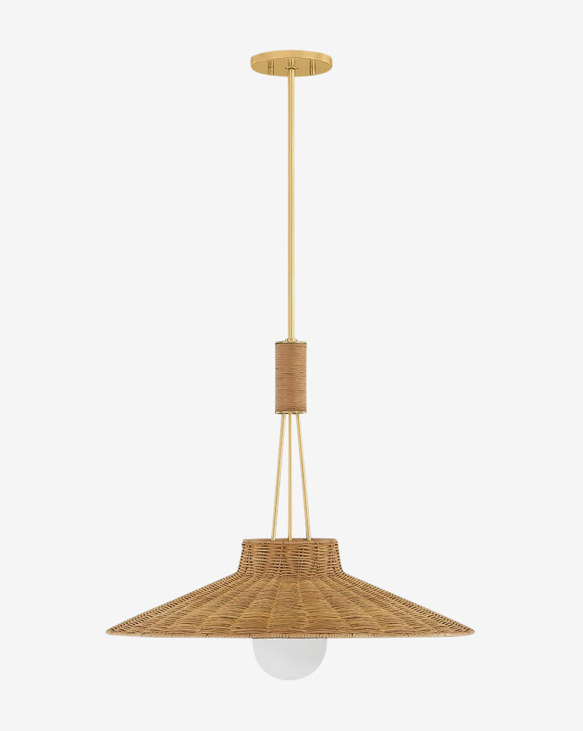 The Laudine Wicker Pendant features a wide natural rattan shade, gold metal fixture, and single exposed bulb, creating an elegant modern look suspended from the ceiling by a slim rod, by McGee & Co.
