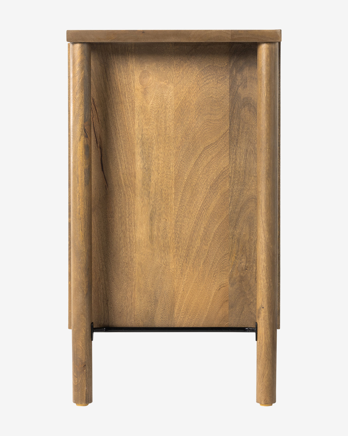 A minimalist wooden nightstand seen from the side, showing off natural wood grain and sturdy dowel legs—two in view—that reflect the design of the Lautner Sideboard, by McGee & Co.