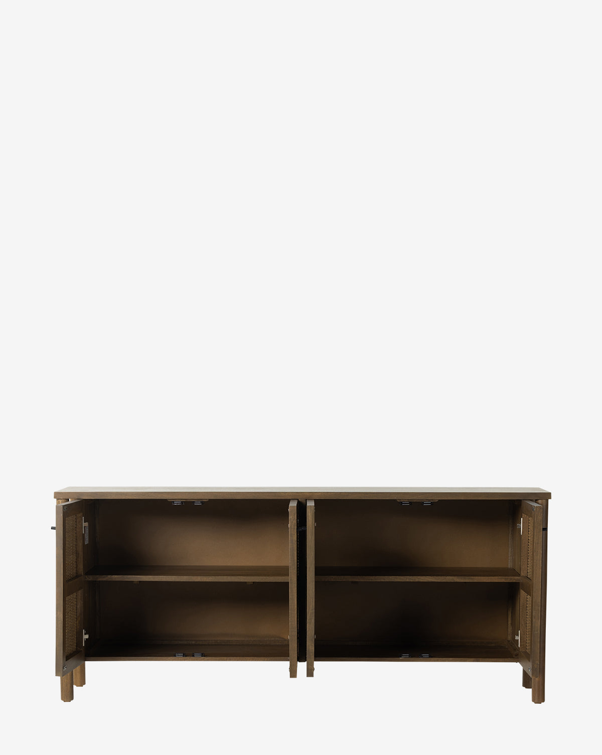 The Lautner Sideboard showcases cane door panels, two doors, and dual interior shelves on stylish dowel legs, displayed against a white background by McGee & Co.
