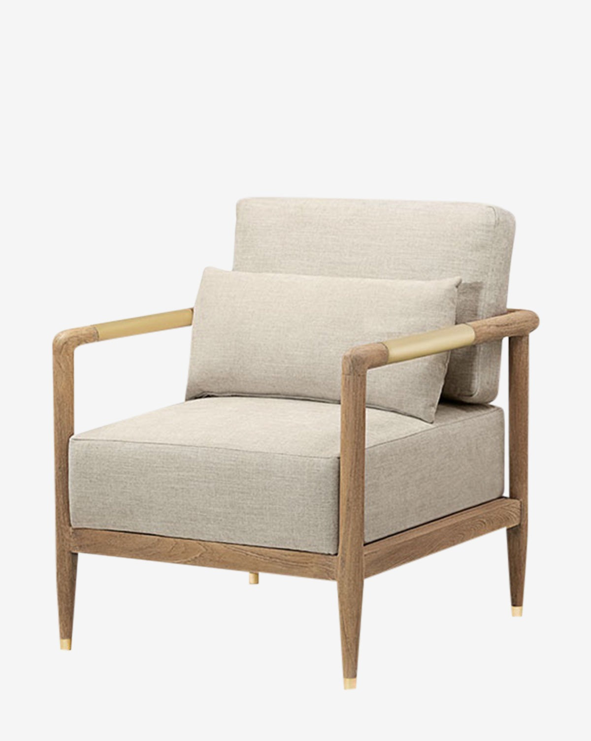The Layne Lounge Chair features a teak frame with rounded armrests and legs, light beige cushions, and a rectangular back pillow, all in a minimalist, contemporary design, by McGee & Co.