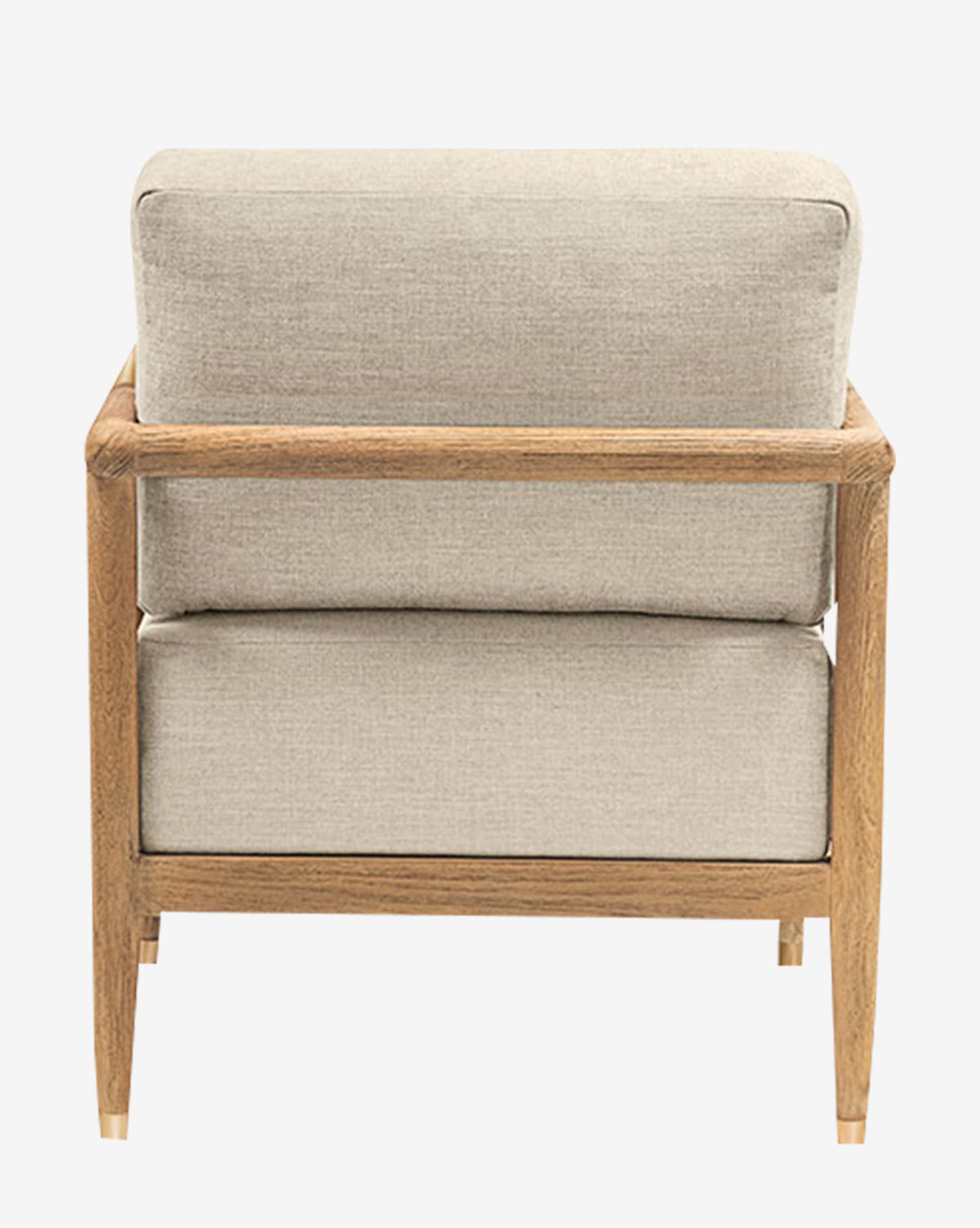 The Layne Lounge Chair features beige upholstery and a sturdy wooden frame, shown from the back on a white background. Its durable Crypton fabric ensures easy maintenance, combining style with practicality by McGee & Co.