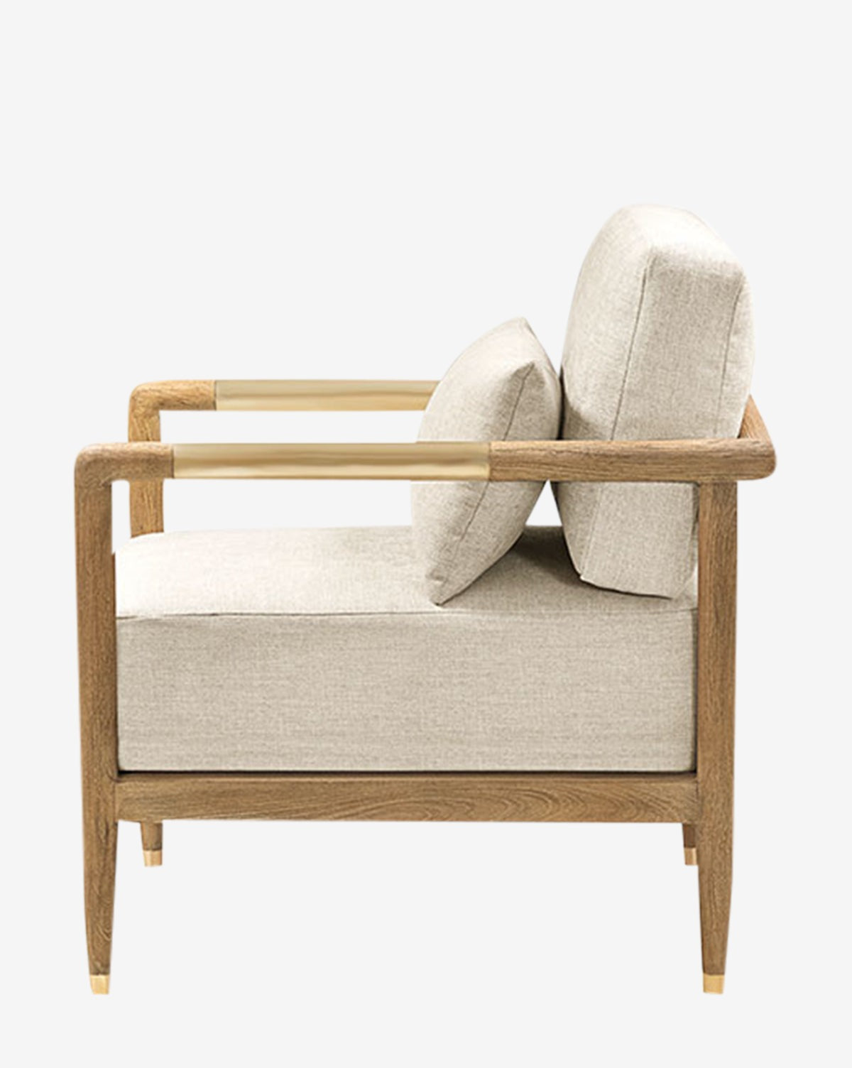 The Layne Lounge Chair features a light wood frame, beige Crypton fabric seat and back cushions, and straight armrests. It is shown in a side view against a plain white background by McGee & Co.
