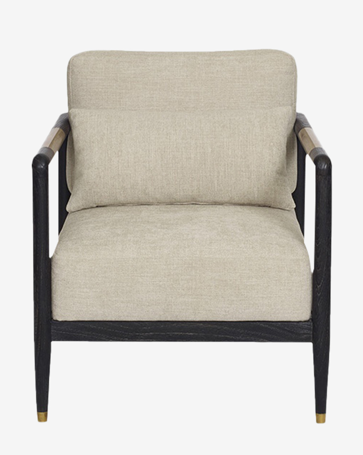 The Layne Lounge Chair features a modern beige Crypton fabric seat, black wooden armrests and legs, gold metal accents, and a minimalist contemporary design, by McGee & Co.